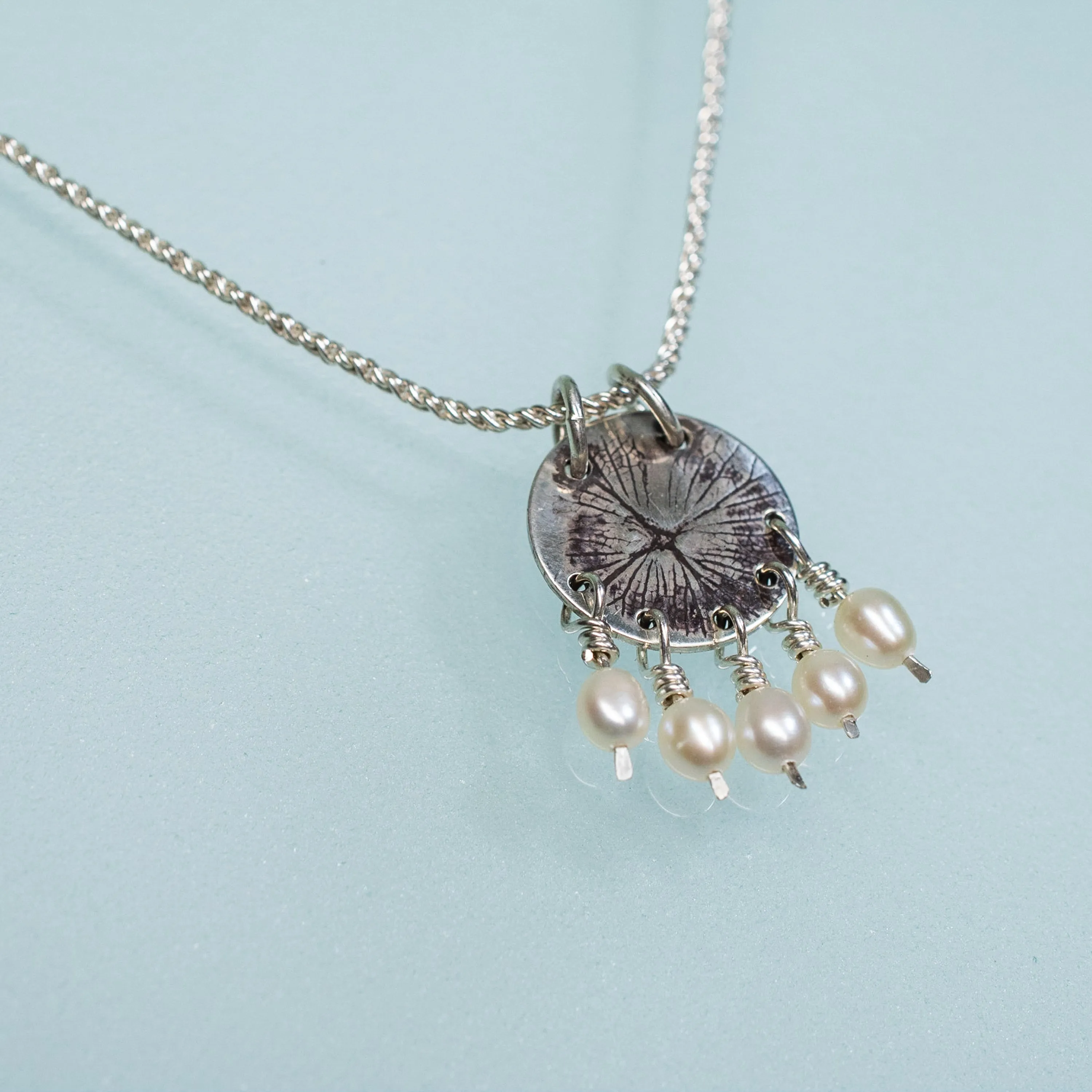 Hydrangea Print Disc Necklace - White Pearls