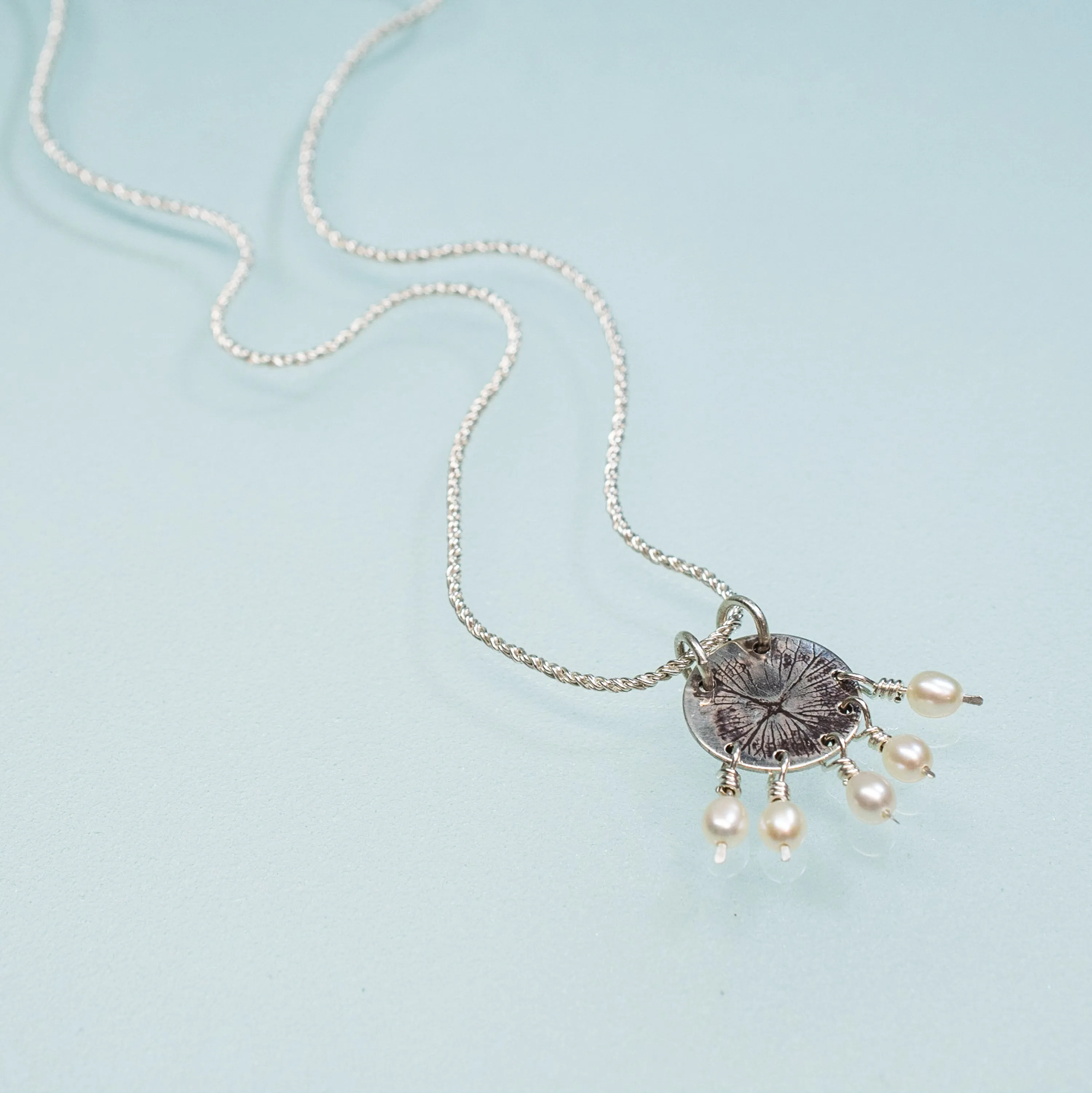 Hydrangea Print Disc Necklace - White Pearls
