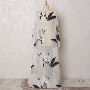 Ivory French Silk Chiffon Fabric with Black and Silver Orchid Embroidery, Traditional Somali Dirac - 140 cm Width, 3.5 Meters-D20135