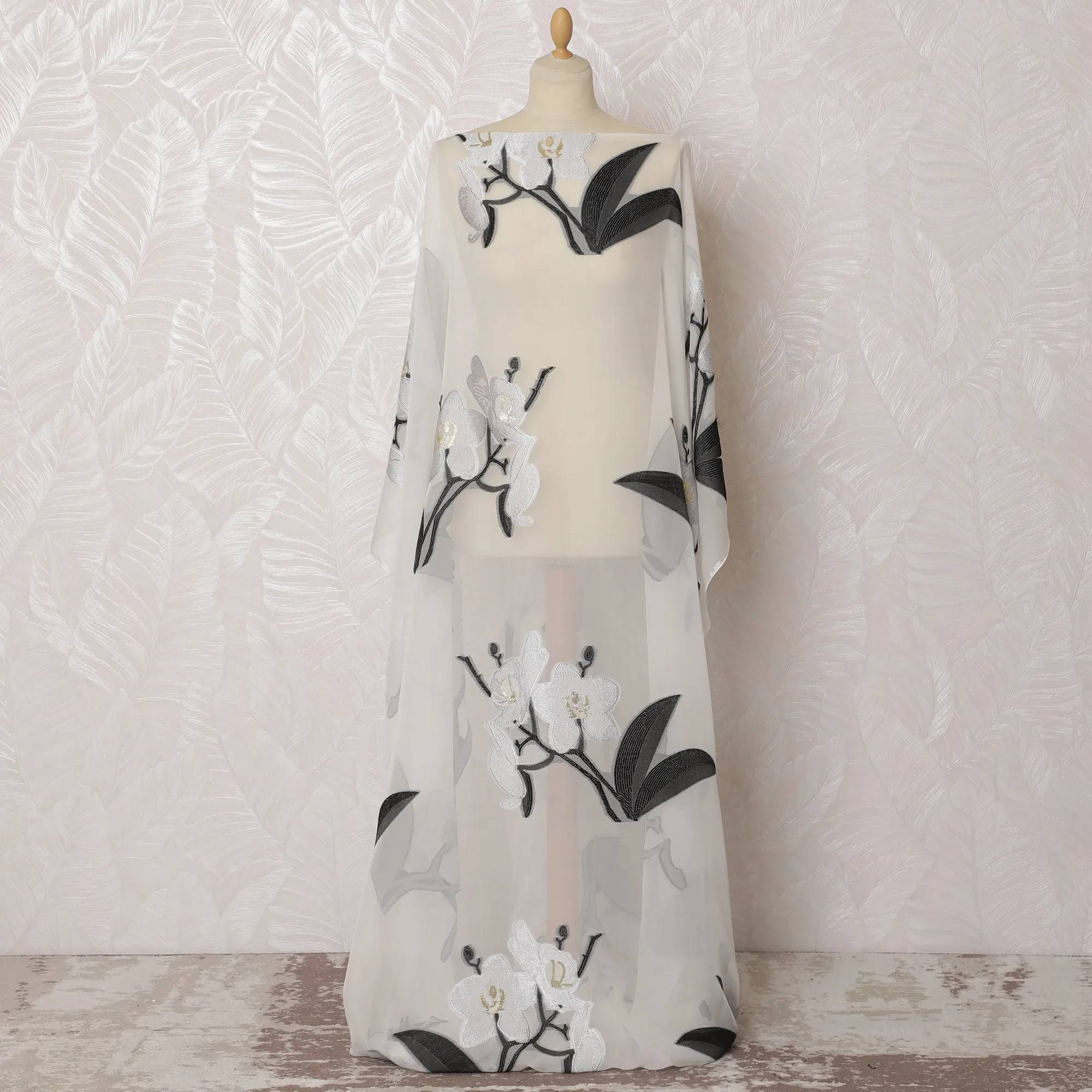 Ivory French Silk Chiffon Fabric with Black and Silver Orchid Embroidery, Traditional Somali Dirac - 140 cm Width, 3.5 Meters-D20135