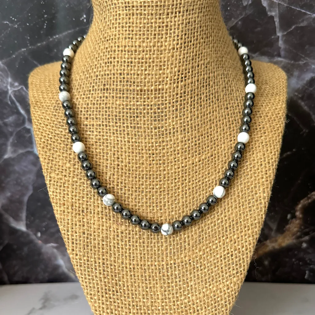 Mens 6mm Hematite and Howlite Beaded Necklace