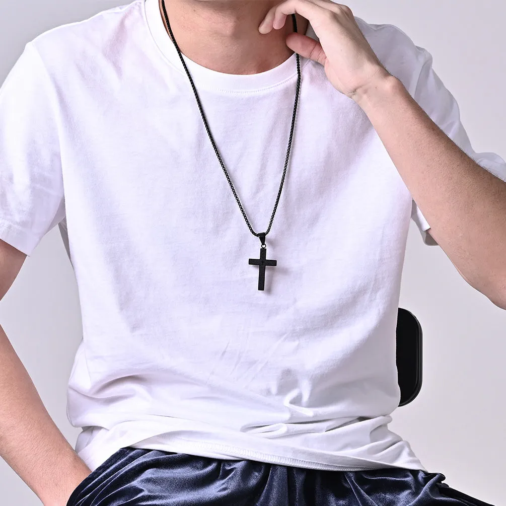 Men's Black Stainless Steel Cross Pendant Lord's Prayer 24" Round Box Chain Necklace