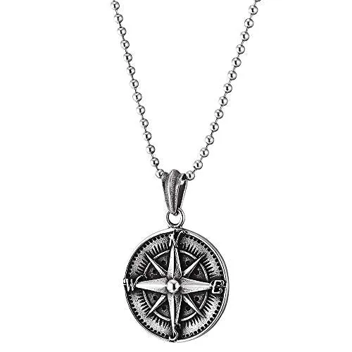 Mens Women Stainless Steel Vintage Compass Circle Medal Pendant Necklace, 23.6 inches Ball Chain