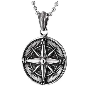 Mens Women Stainless Steel Vintage Compass Circle Medal Pendant Necklace, 23.6 inches Ball Chain