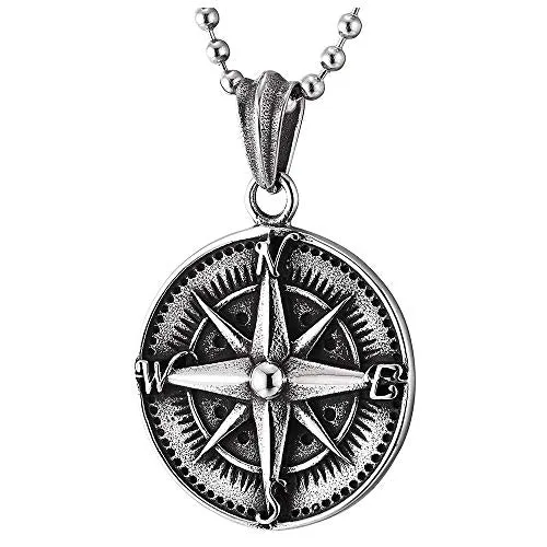 Mens Women Stainless Steel Vintage Compass Circle Medal Pendant Necklace, 23.6 inches Ball Chain