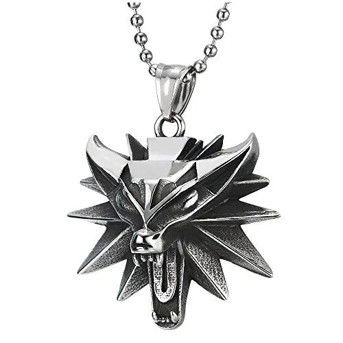 Mens Women Vintage Steel Roaring Fox Head Pendant Necklace, 30 inches Ball Chain, Punk Rock