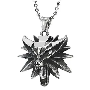 Mens Women Vintage Steel Roaring Fox Head Pendant Necklace, 30 inches Ball Chain, Punk Rock