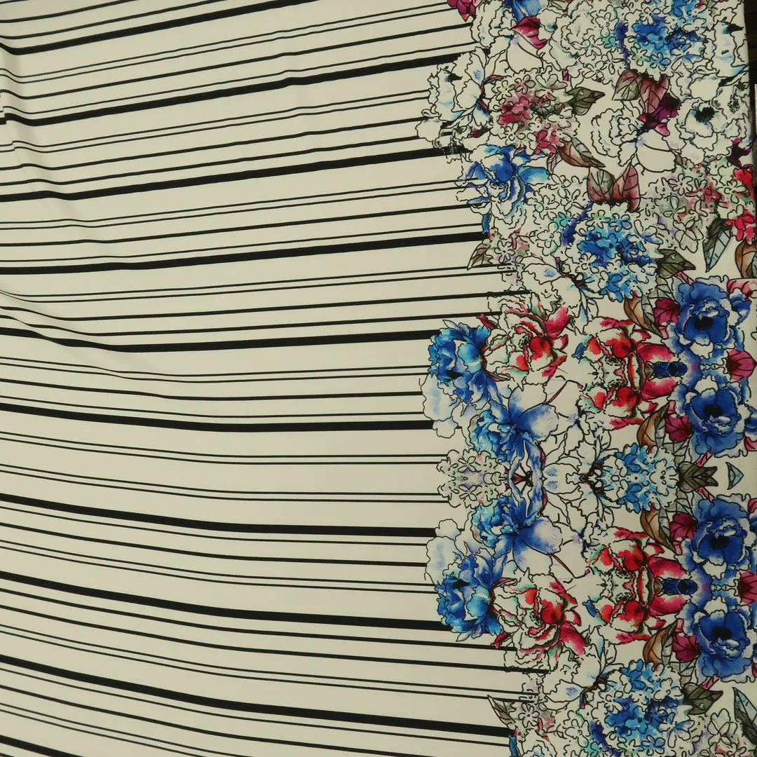 Off White Background with Multicolored Floral and Black Stripes Printed Fabric