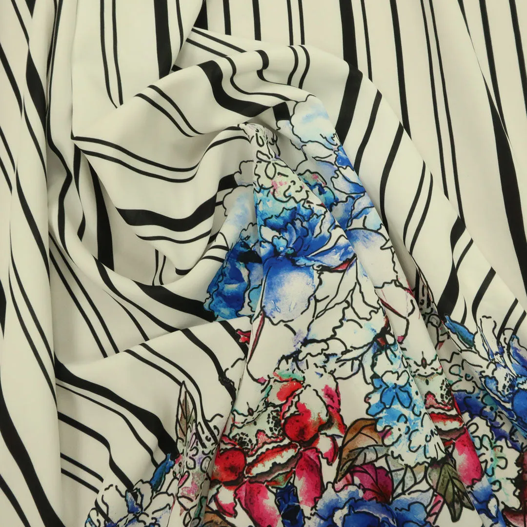Off White Background with Multicolored Floral and Black Stripes Printed Fabric