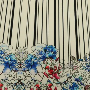 Off White Background with Multicolored Floral and Black Stripes Printed Fabric
