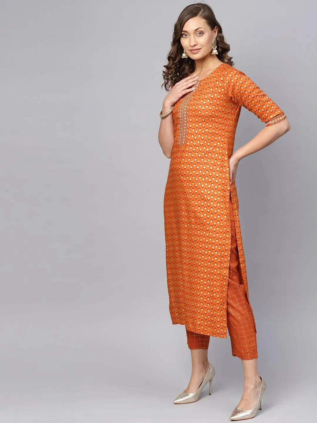 Orange Printed Rayon Straight Kurta With Palazzos