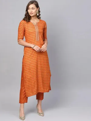 Orange Printed Rayon Straight Kurta With Palazzos