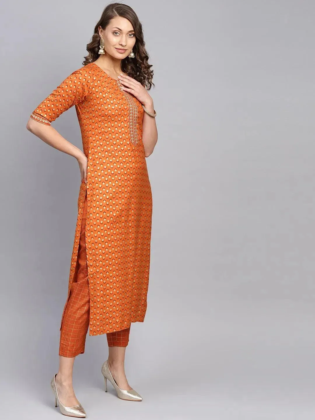 Orange Printed Rayon Straight Kurta With Palazzos