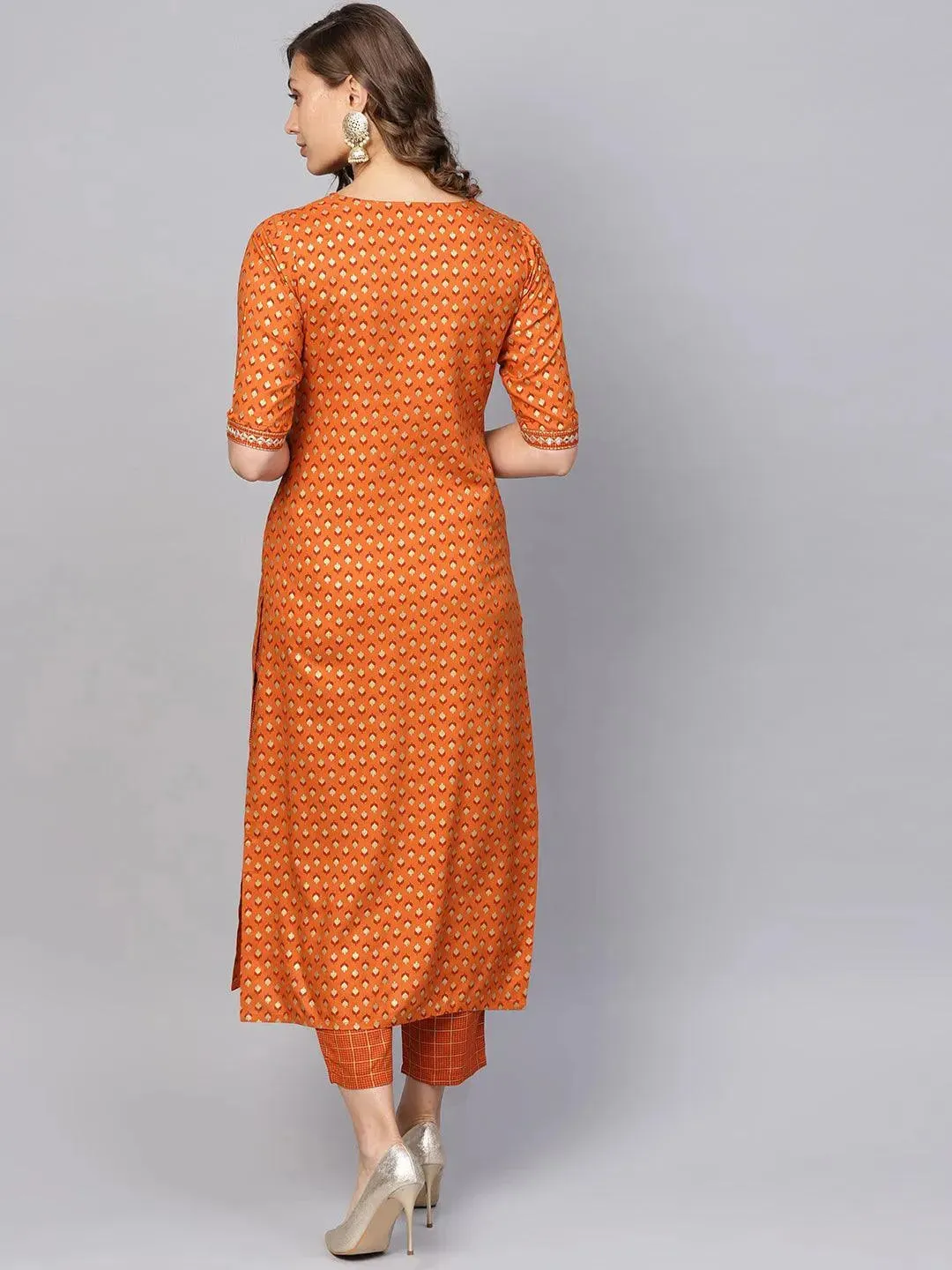 Orange Printed Rayon Straight Kurta With Palazzos