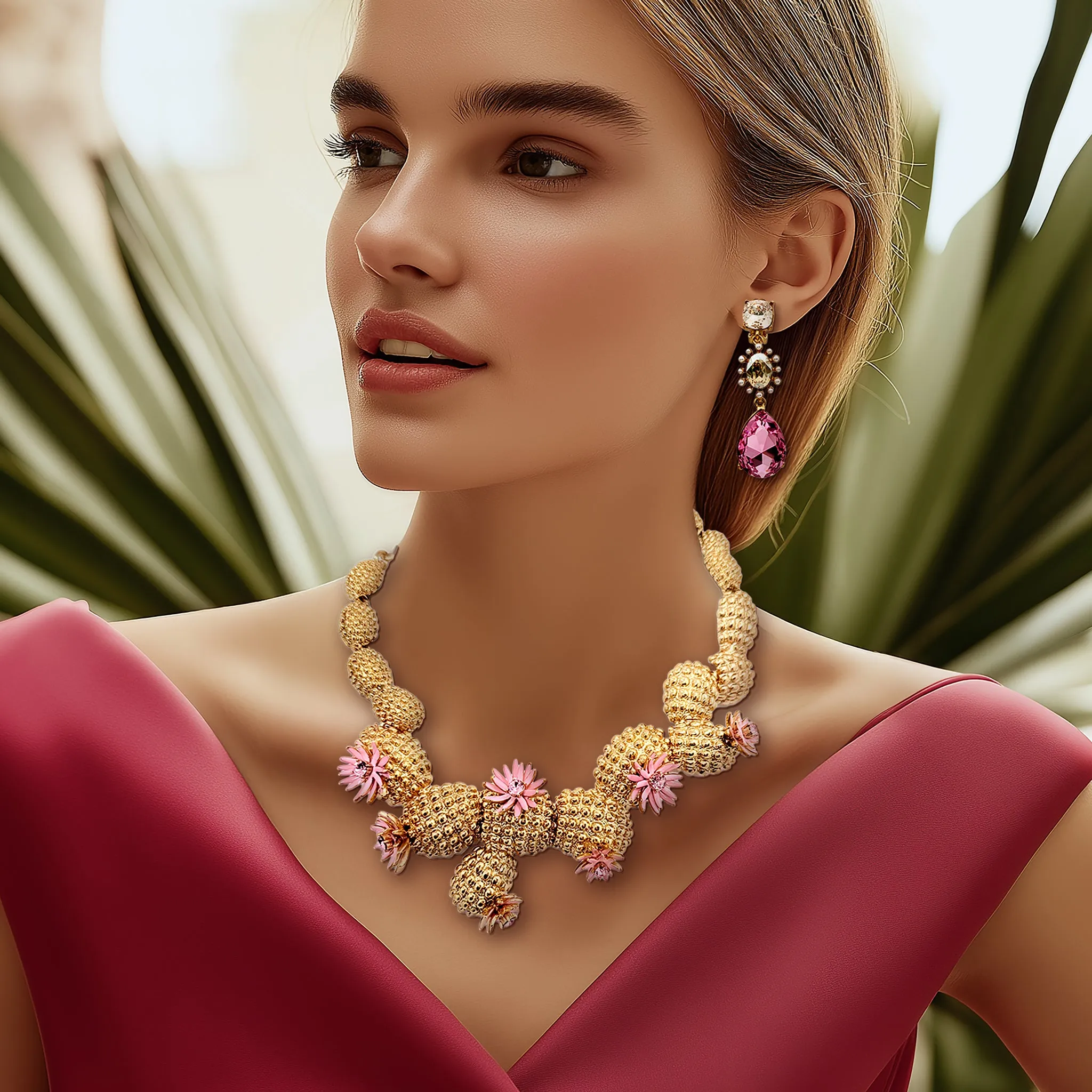 Oscar de la Renta Cactus Blossom Necklace Antique Gold with Pink Enamel Flowers