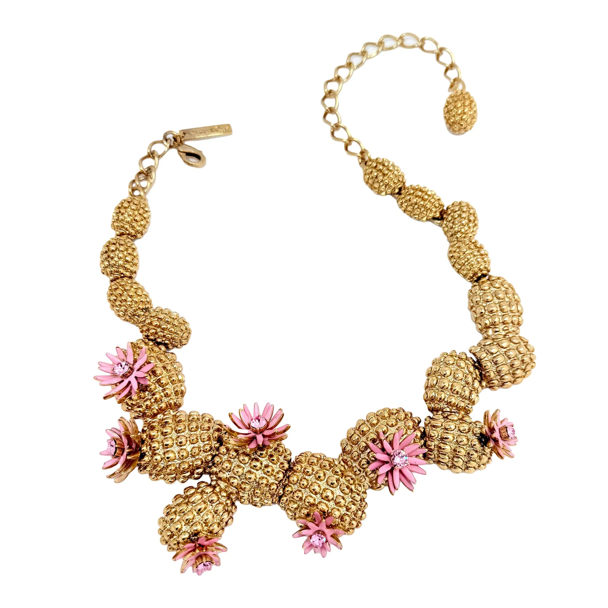 Oscar de la Renta Cactus Blossom Necklace Antique Gold with Pink Enamel Flowers
