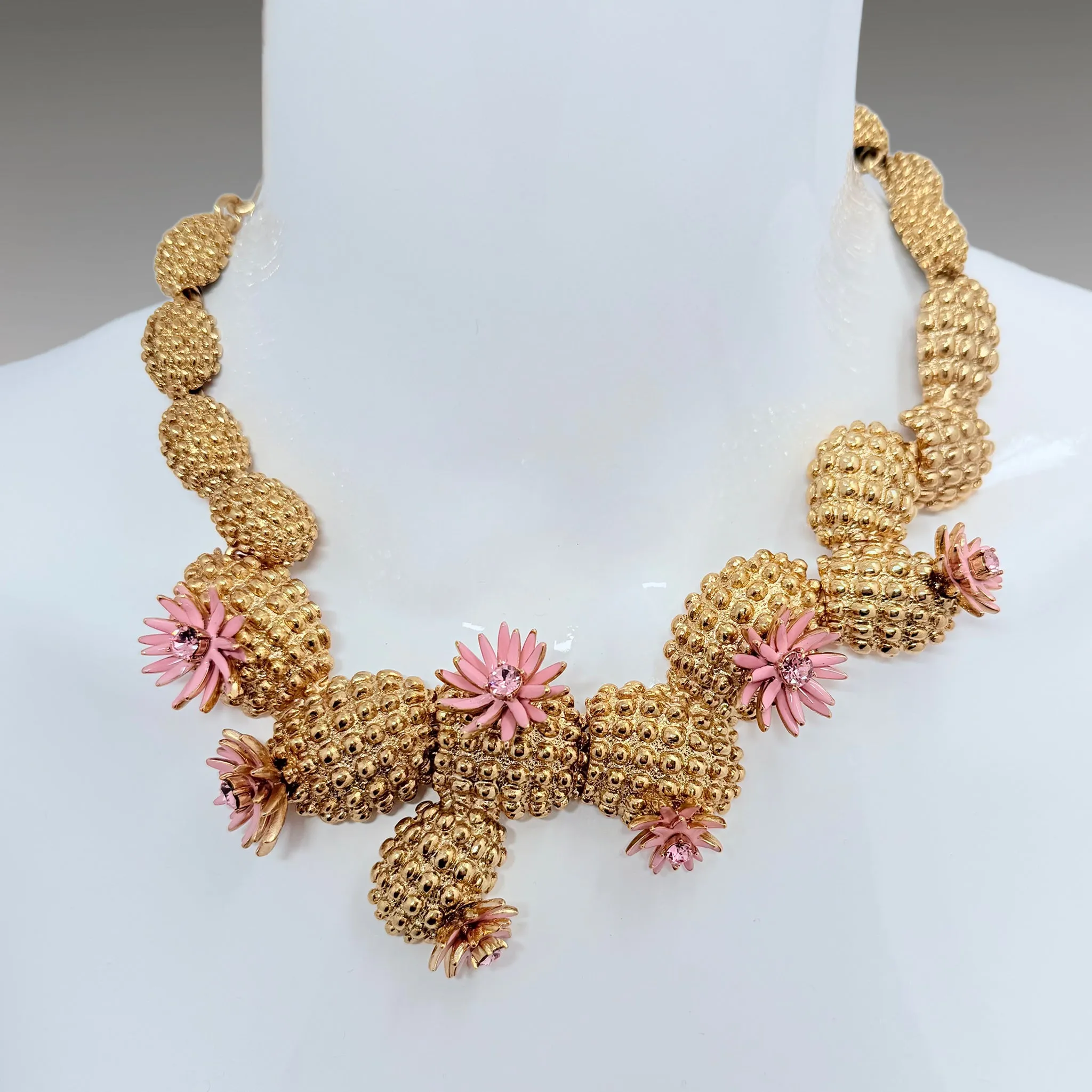 Oscar de la Renta Cactus Blossom Necklace Antique Gold with Pink Enamel Flowers