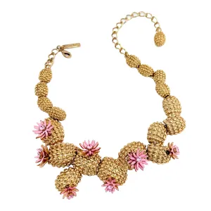 Oscar de la Renta Cactus Blossom Necklace Antique Gold with Pink Enamel Flowers
