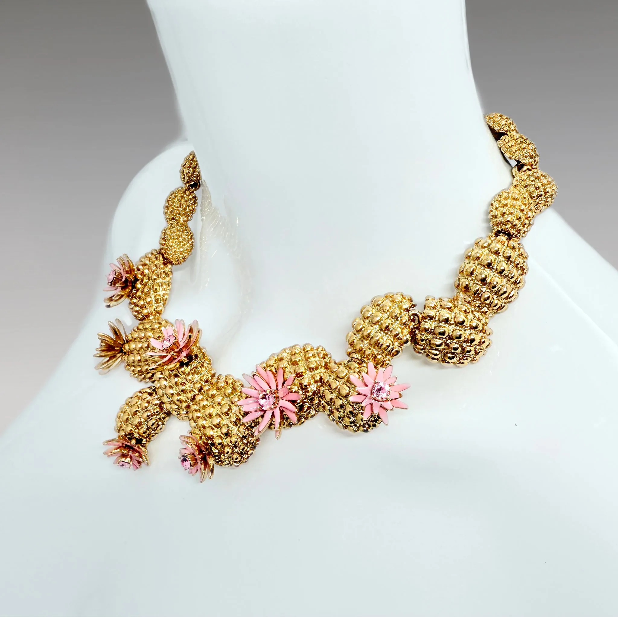 Oscar de la Renta Cactus Blossom Necklace Antique Gold with Pink Enamel Flowers
