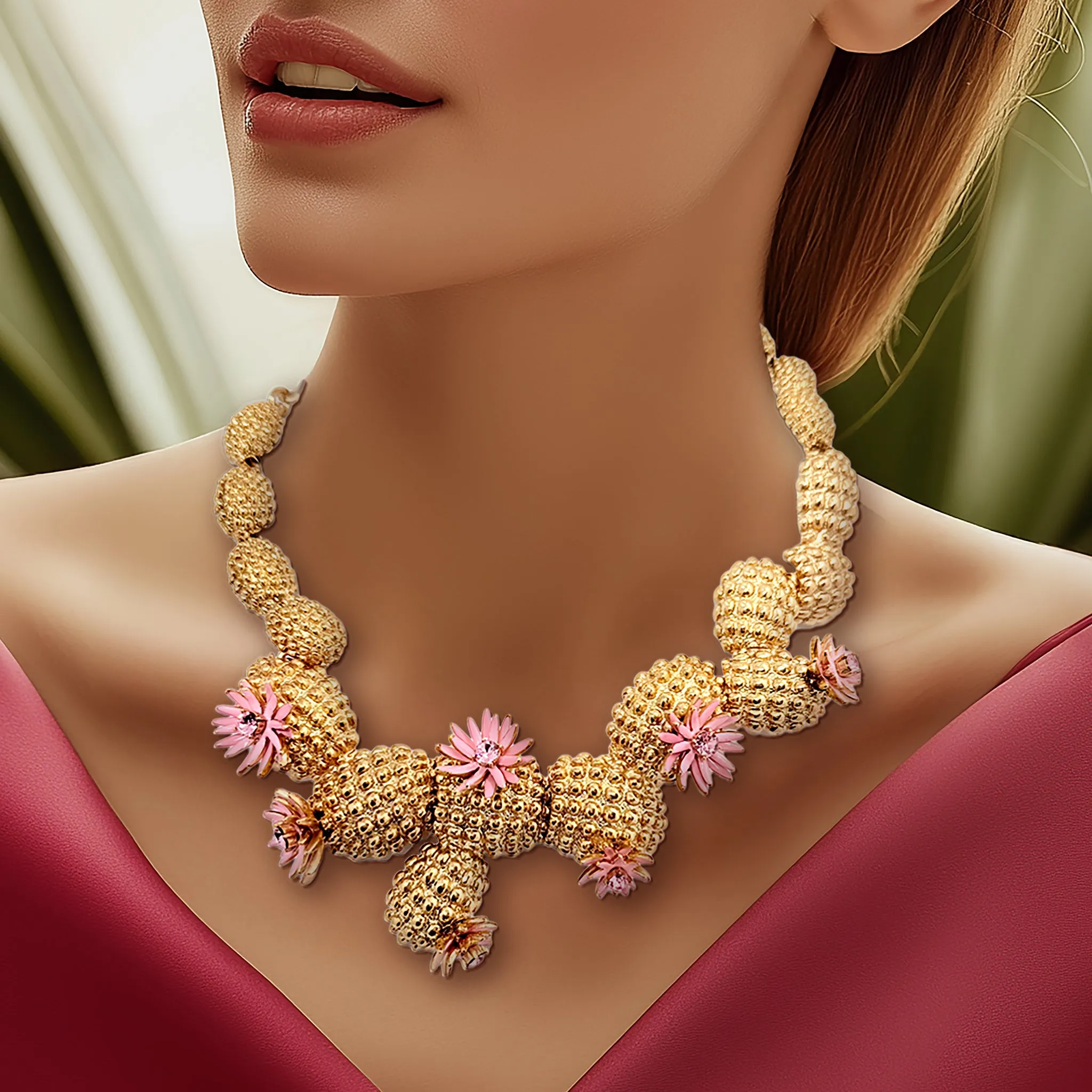 Oscar de la Renta Cactus Blossom Necklace Antique Gold with Pink Enamel Flowers