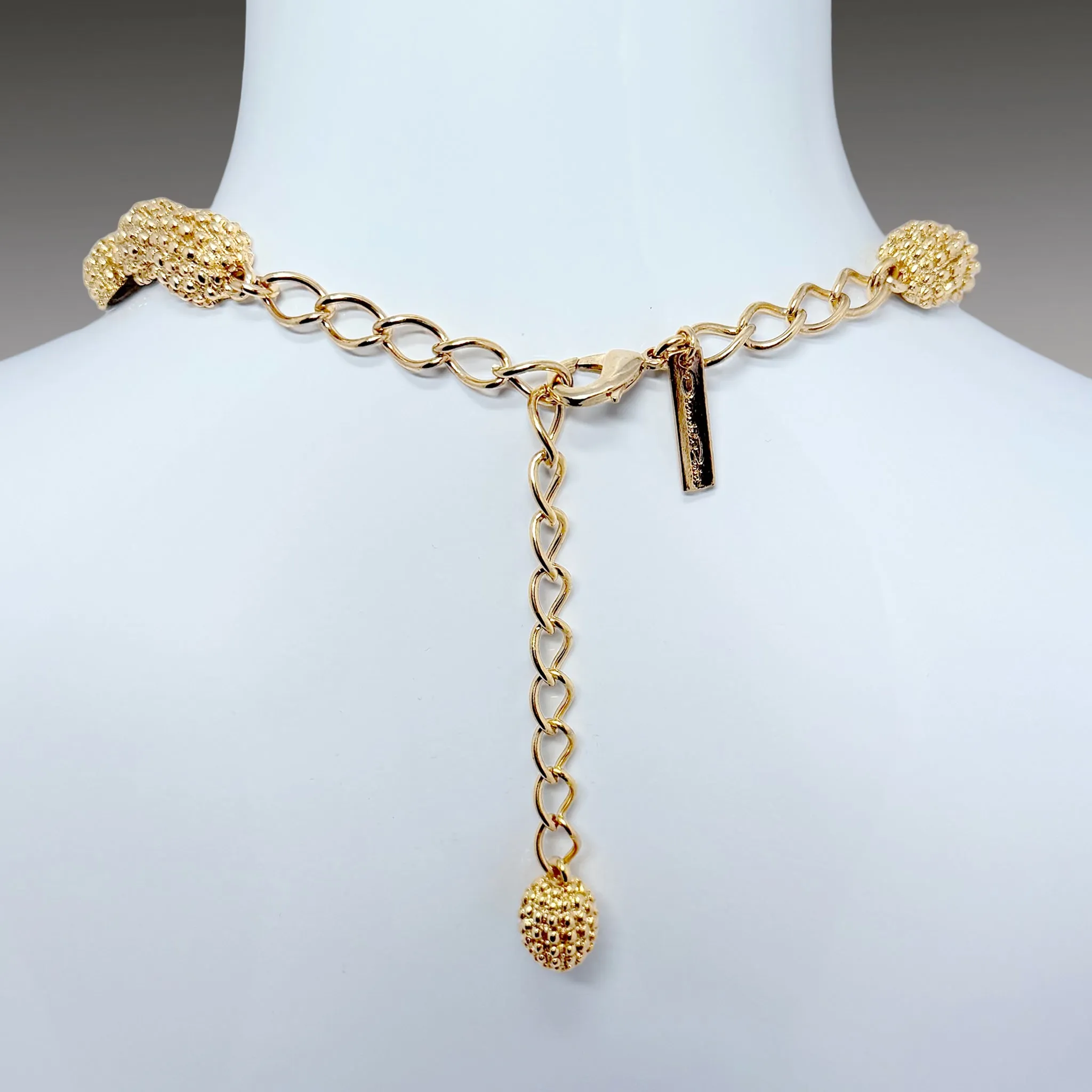 Oscar de la Renta Cactus Blossom Necklace Antique Gold with Pink Enamel Flowers