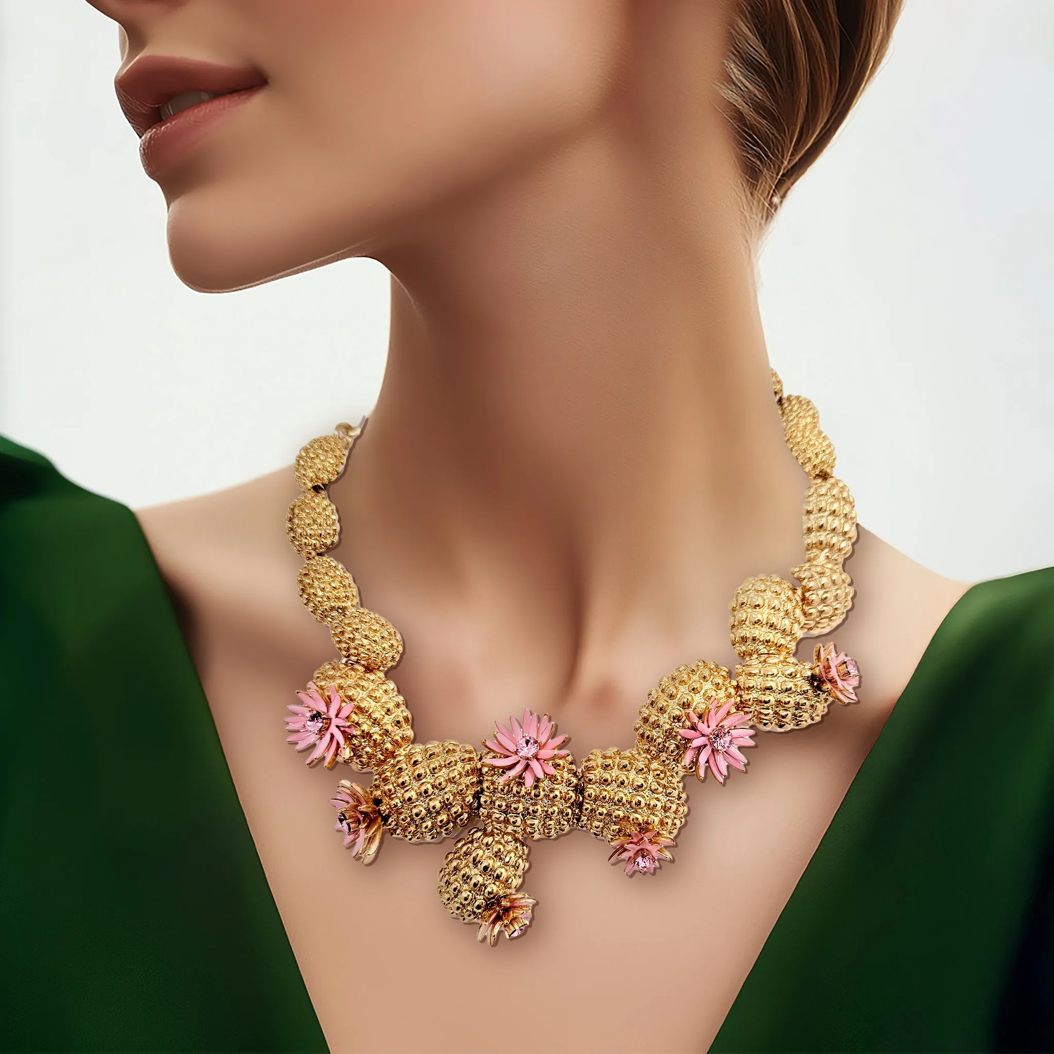 Oscar de la Renta Cactus Blossom Necklace Antique Gold with Pink Enamel Flowers
