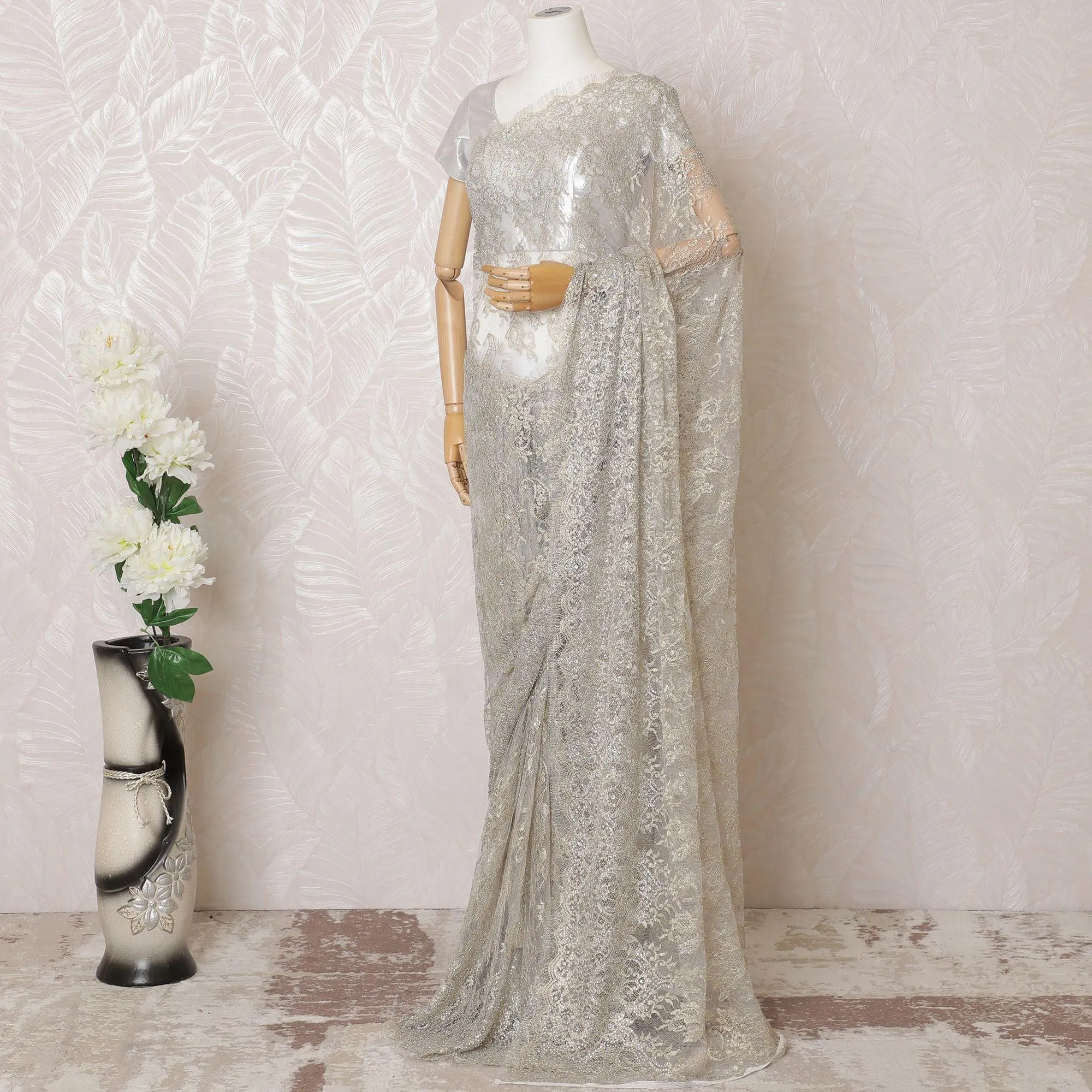 Pearl grey, gold Premium pure French metallic chantilly lace saree having stone work in floral design-D16100