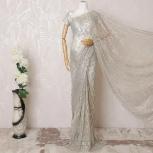 Pearl grey, gold Premium pure French metallic chantilly lace saree having stone work in floral design-D16100
