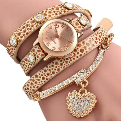 Rhinestone Heart Pendant Women Bracelet Quartz Wrist Watch