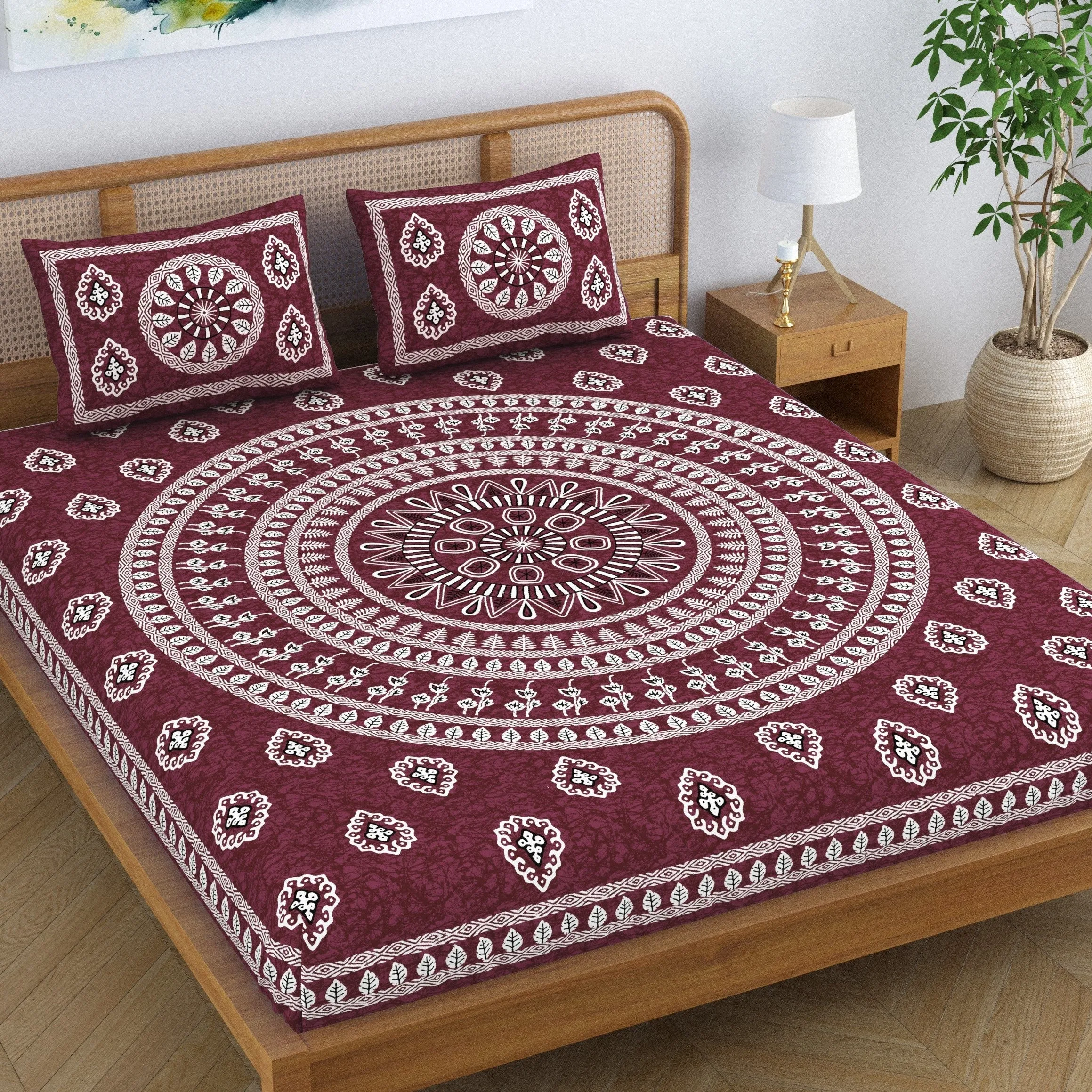 SheetKart Pure Cotton Mandala Floral Printed Double Bedsheet with 2 Pillow Covers, Burgundy