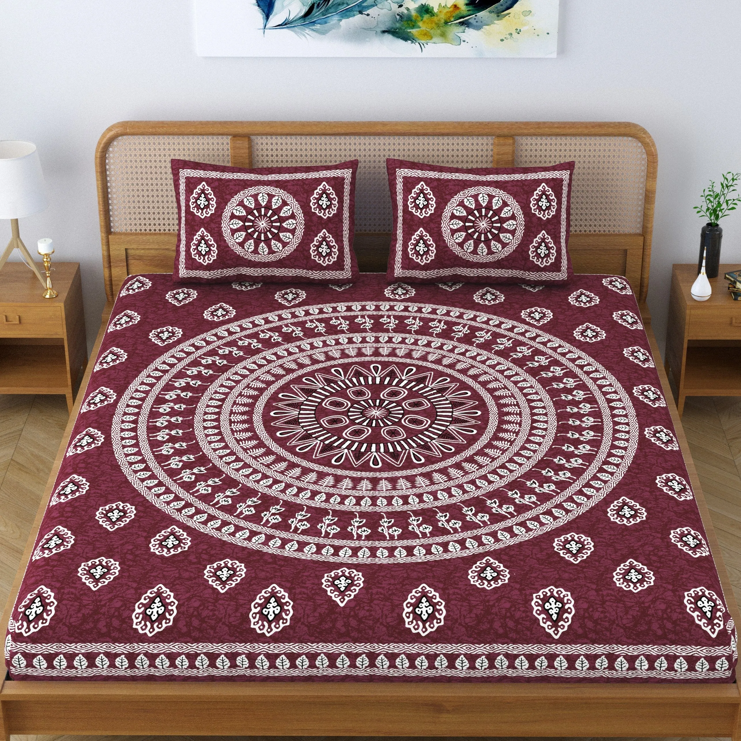 SheetKart Pure Cotton Mandala Floral Printed Double Bedsheet with 2 Pillow Covers, Burgundy