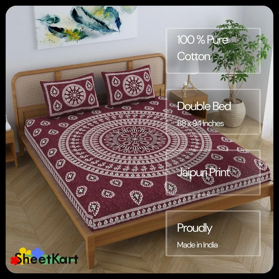 SheetKart Pure Cotton Mandala Floral Printed Double Bedsheet with 2 Pillow Covers, Burgundy