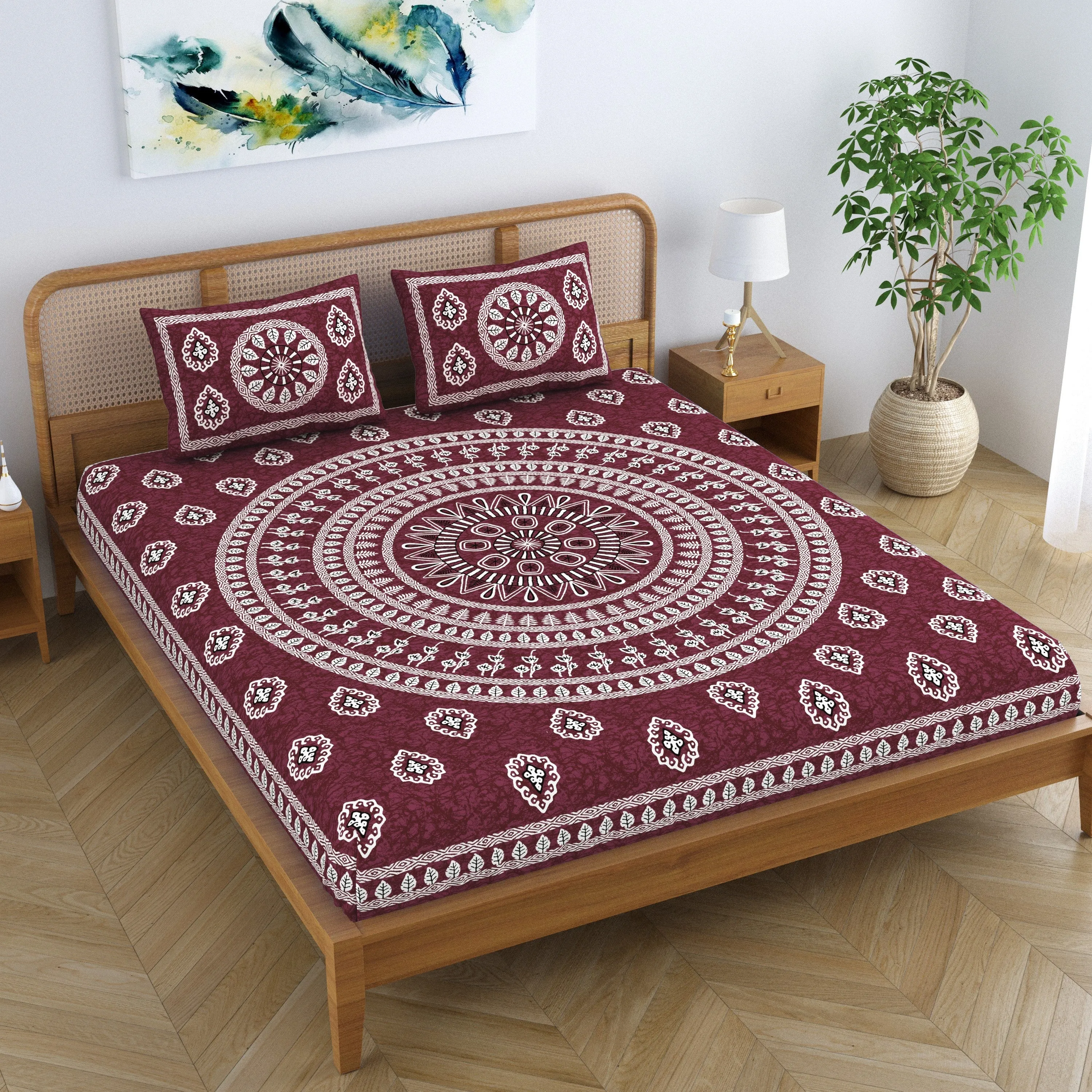 SheetKart Pure Cotton Mandala Floral Printed Double Bedsheet with 2 Pillow Covers, Burgundy