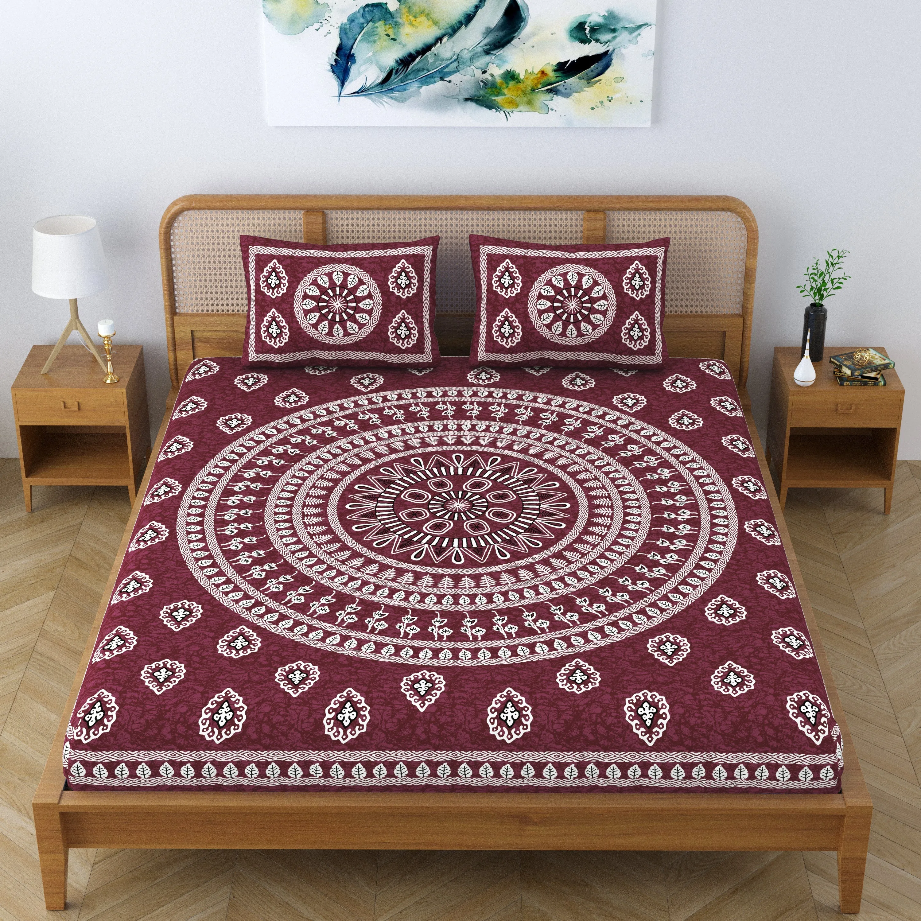 SheetKart Pure Cotton Mandala Floral Printed Double Bedsheet with 2 Pillow Covers, Burgundy
