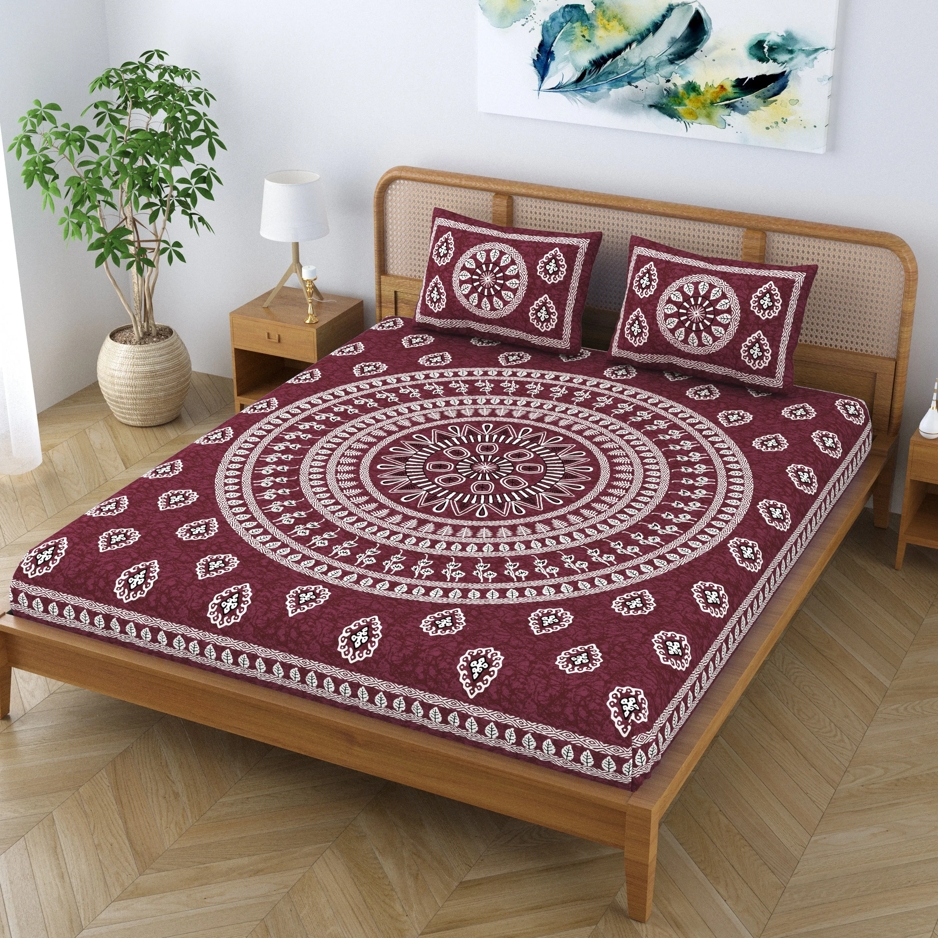 SheetKart Pure Cotton Mandala Floral Printed Double Bedsheet with 2 Pillow Covers, Burgundy