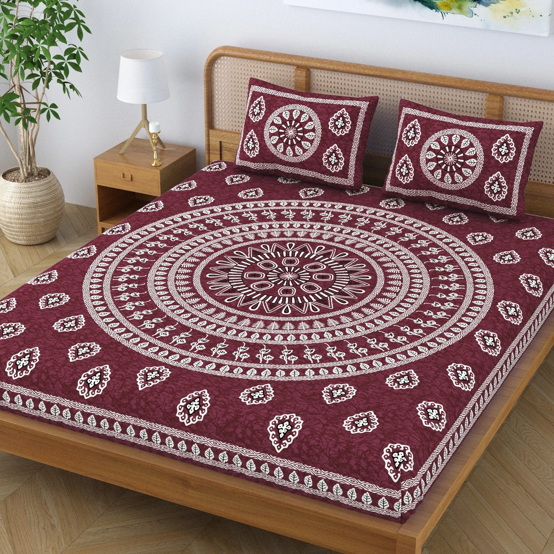 SheetKart Pure Cotton Mandala Floral Printed Double Bedsheet with 2 Pillow Covers, Burgundy