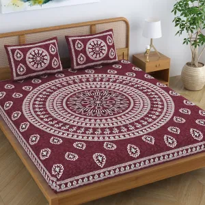 SheetKart Pure Cotton Mandala Floral Printed Double Bedsheet with 2 Pillow Covers, Burgundy