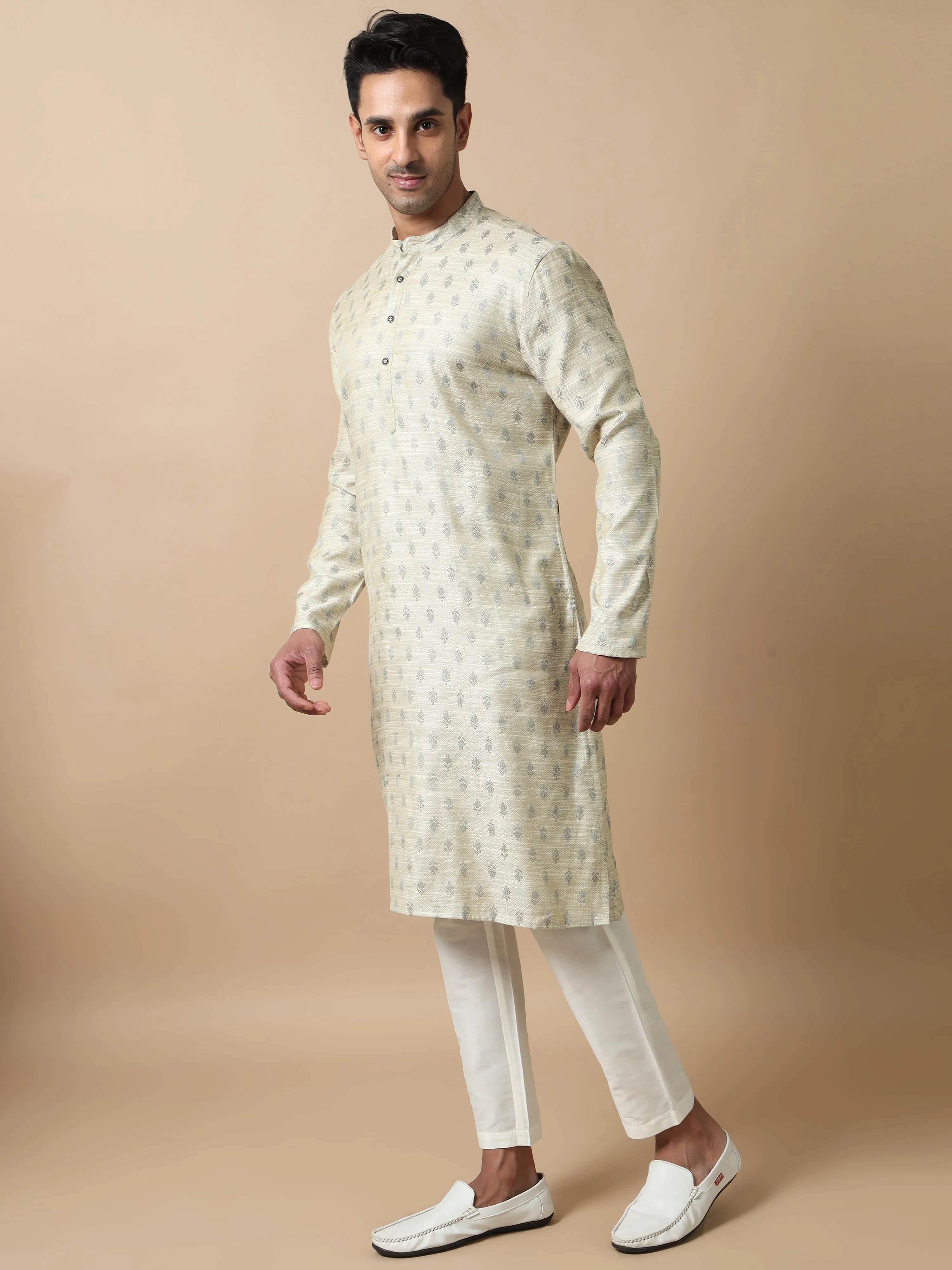 Silver Banarasi Leaf Buta Long Kurta