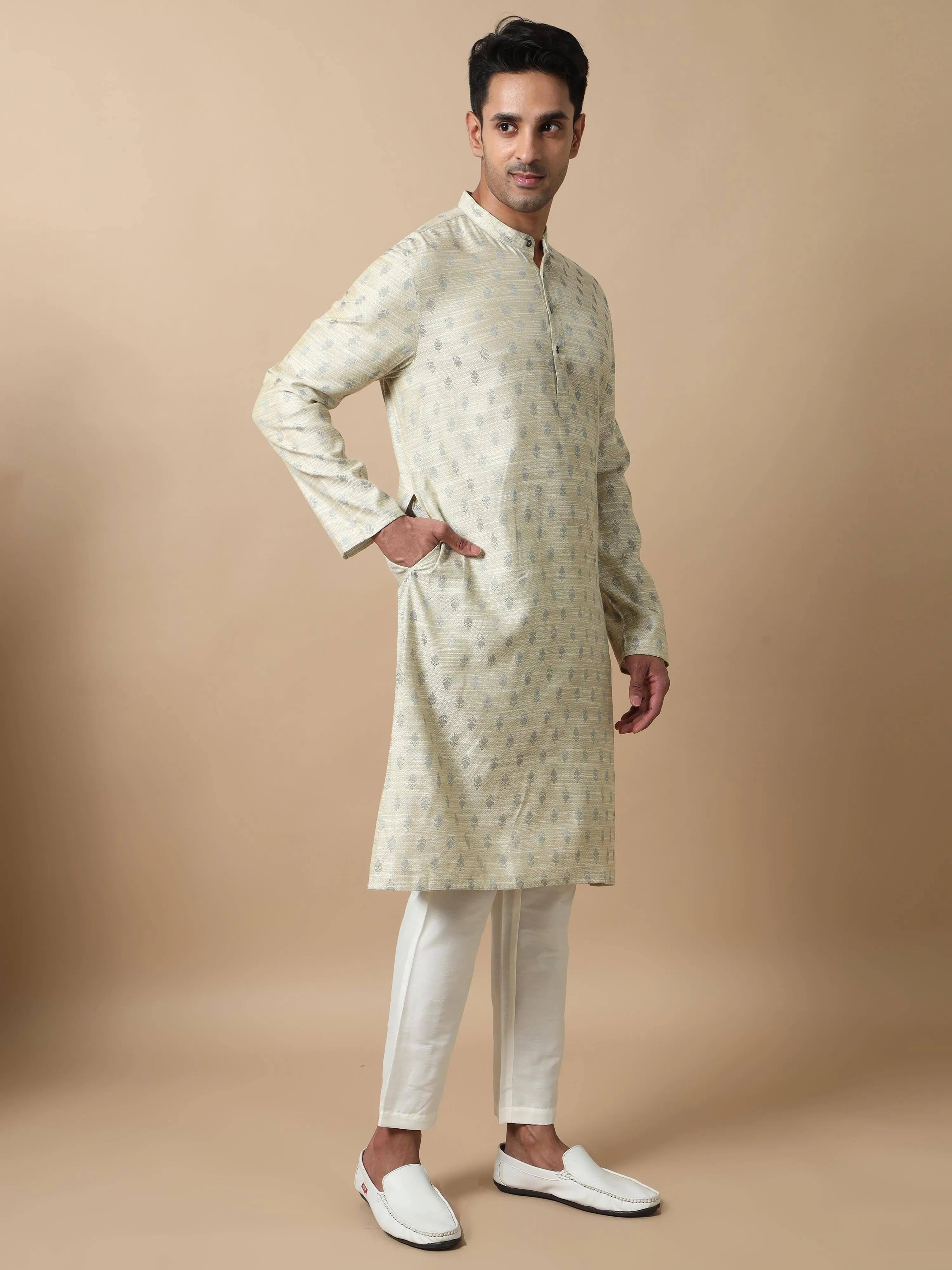 Silver Banarasi Leaf Buta Long Kurta