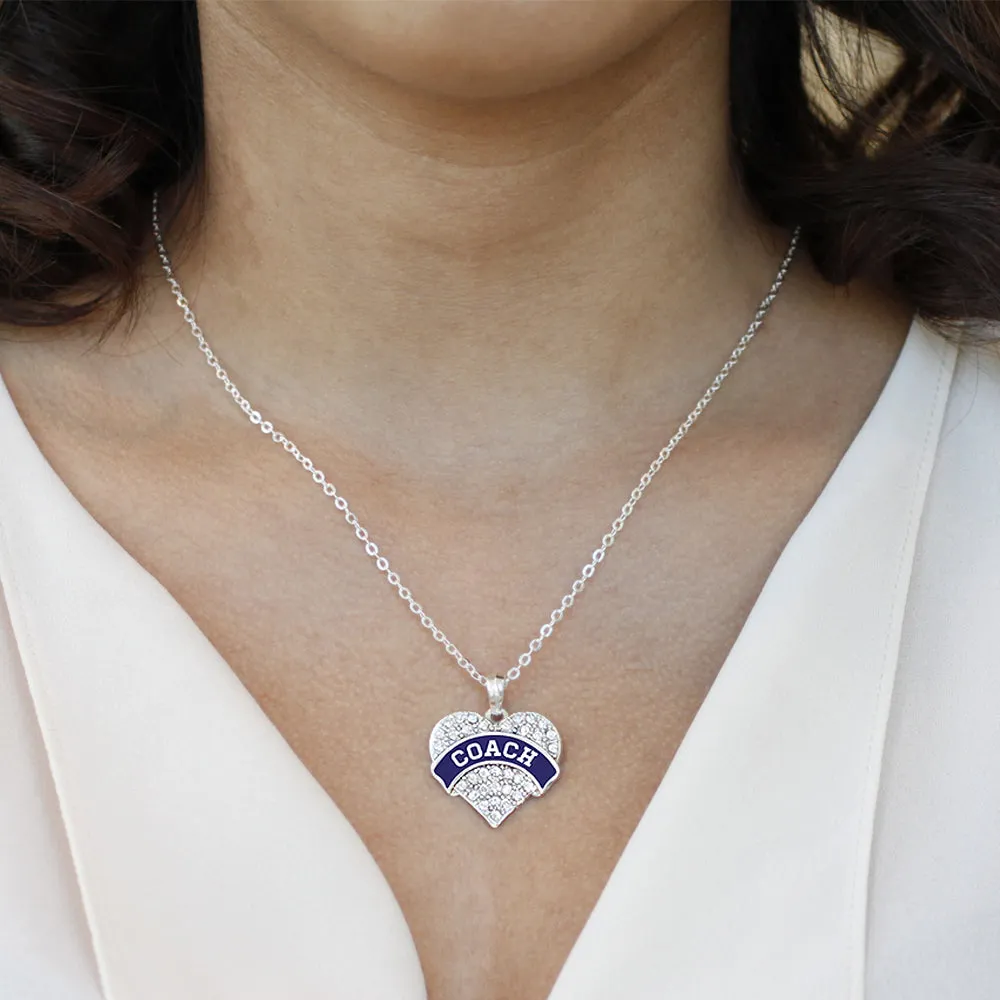 Silver Coach - Navy Blue and White Pave Heart Charm Classic Necklace