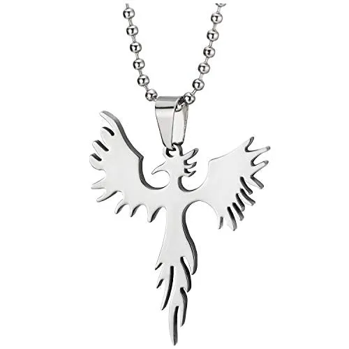 Stainless Steel Flat Phoenix Pendant Necklace for Men Women, 23.6 inches Ball Chain, Polished