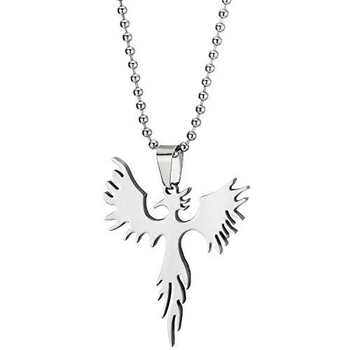 Stainless Steel Flat Phoenix Pendant Necklace for Men Women, 23.6 inches Ball Chain, Polished