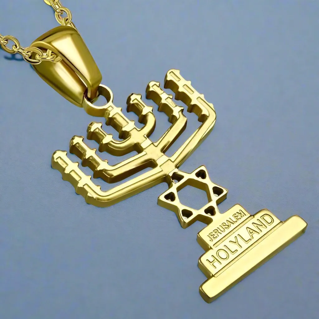 Star of David Menorah Pendant and Necklace in Gold Plated Stainless Steel