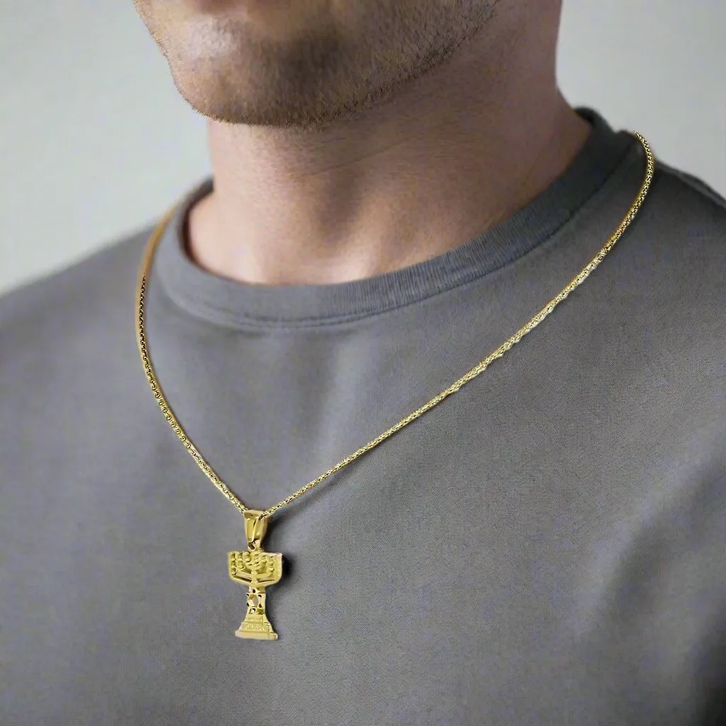 Star of David Menorah Pendant and Necklace in Gold Plated Stainless Steel