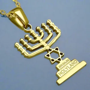Star of David Menorah Pendant and Necklace in Gold Plated Stainless Steel