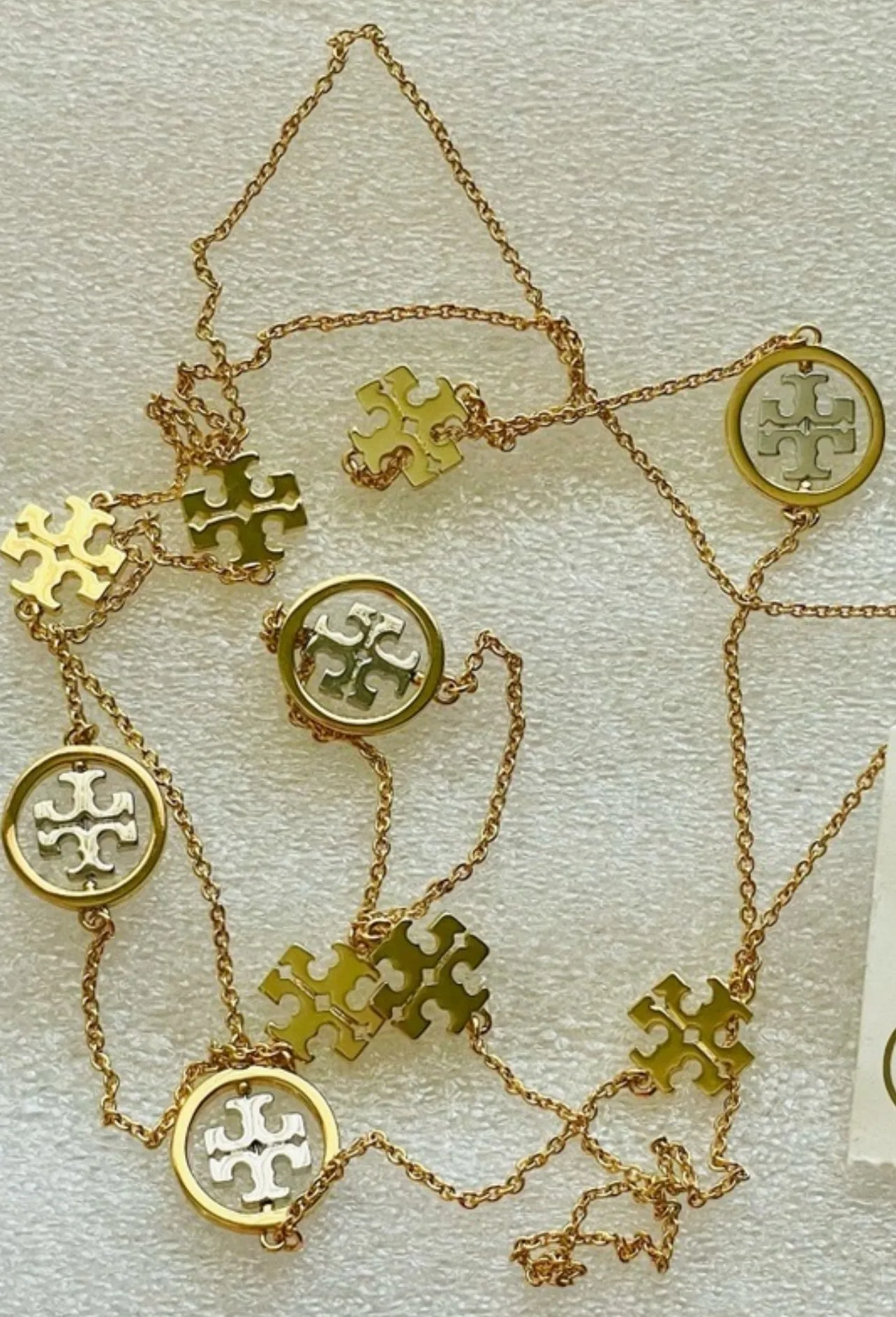 Tory Burch Miller Long Chain Necklace with Tory Logo in Gold and Silver