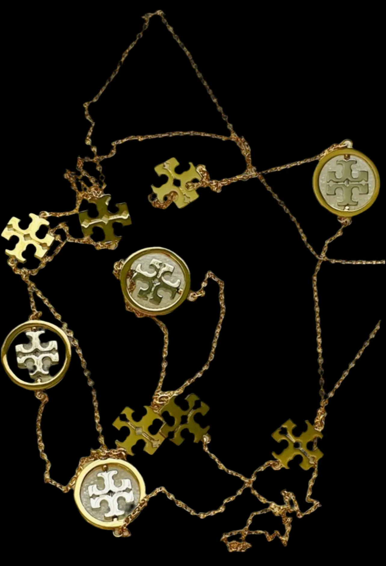 Tory Burch Miller Long Chain Necklace with Tory Logo in Gold and Silver