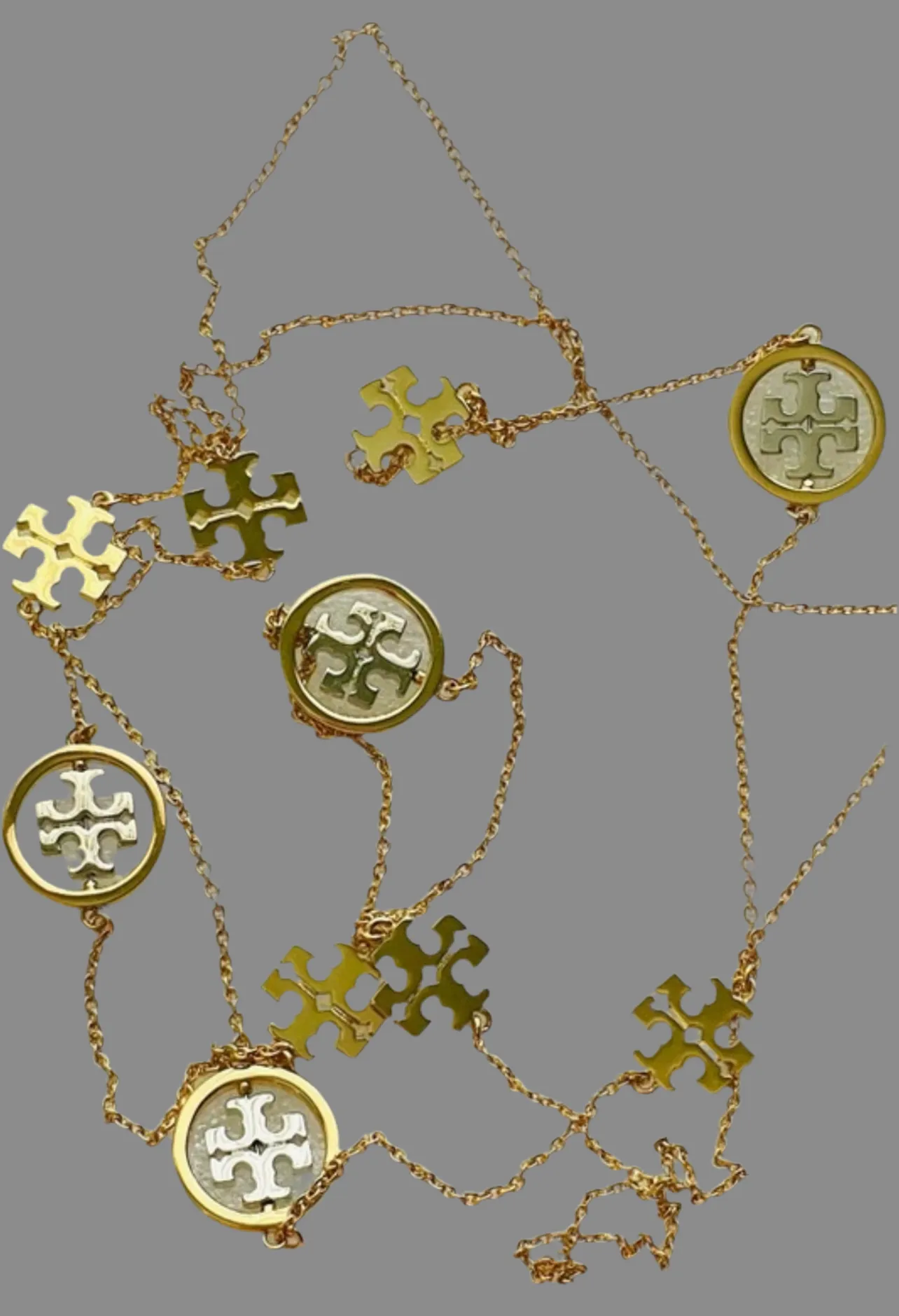 Tory Burch Miller Long Chain Necklace with Tory Logo in Gold and Silver