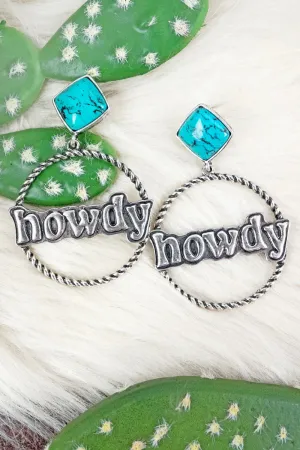 Turquoise and Silvertone 'Howdy' Drop Hoop Earrings