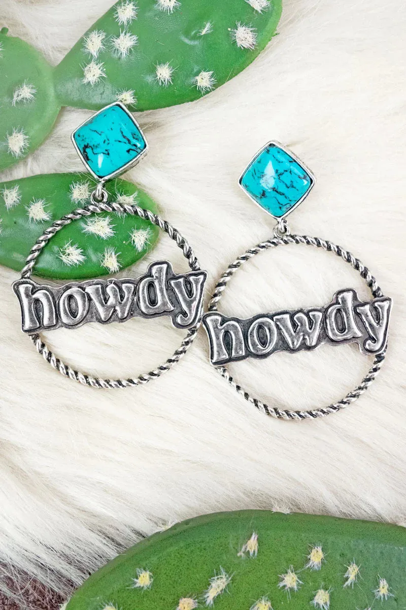 Turquoise and Silvertone 'Howdy' Drop Hoop Earrings